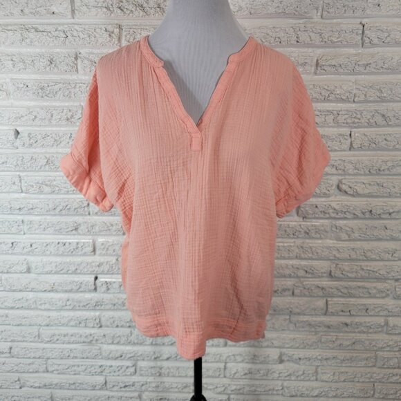 LL Bean Womens Top XL Short Sleeve Pink Cotton Cloud Gauze Casual PIN57E - Picture 1 of 8